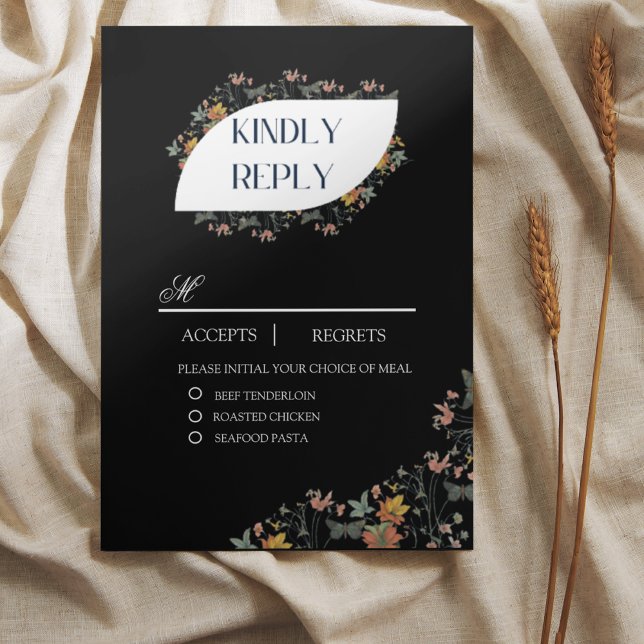 Carte de réponse RSVP florale noire Boho avec repa (Créateur téléchargé)