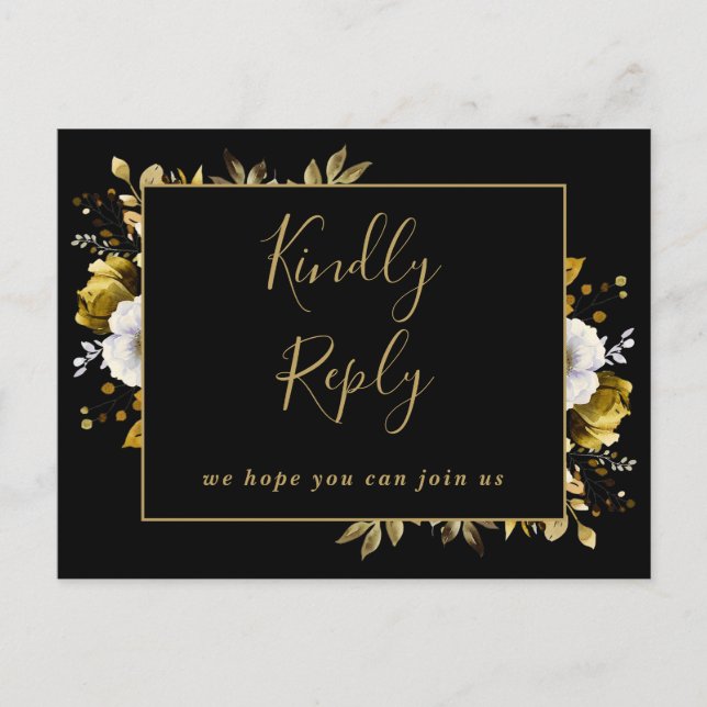 Carte de réponse RSVP florale noire et or avec dem (Devant)