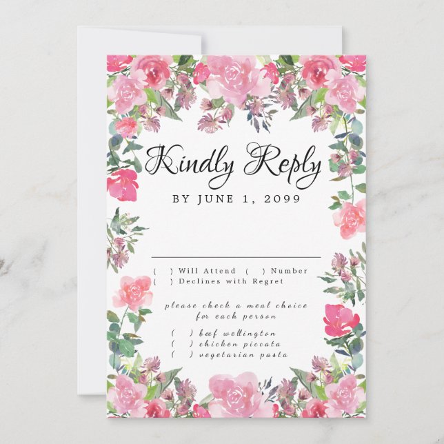 Carte de réponse RSVP florale Rose Rose avec choix (Devant)