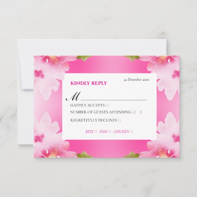 Carte de réponse RSVP florale rose vibrant avec ch (Devant)