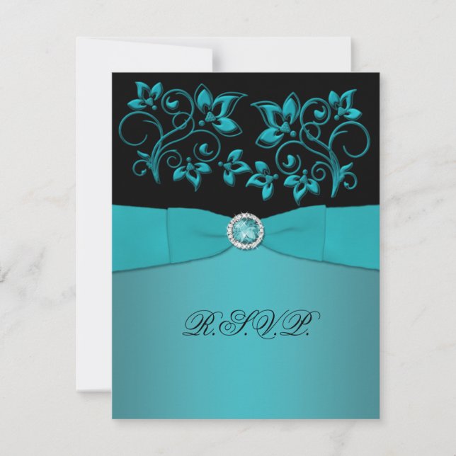 Carte de réponse RSVP florale sarcelle et noire or (Devant)