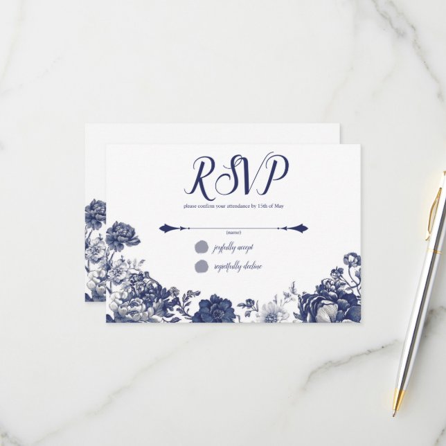 Carte de réponse RSVP Indigo Belle Vintage  (Devant/Arrière en situation)