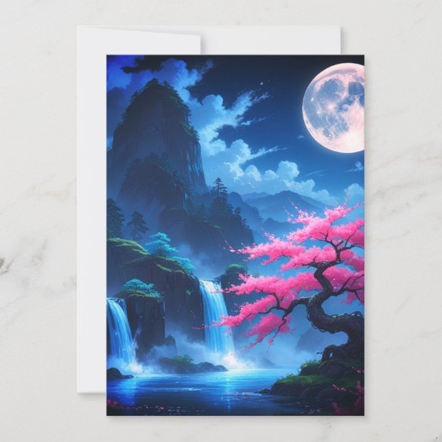 Carte de réponse RSVP japonaise Sakura et cascade  (Devant)