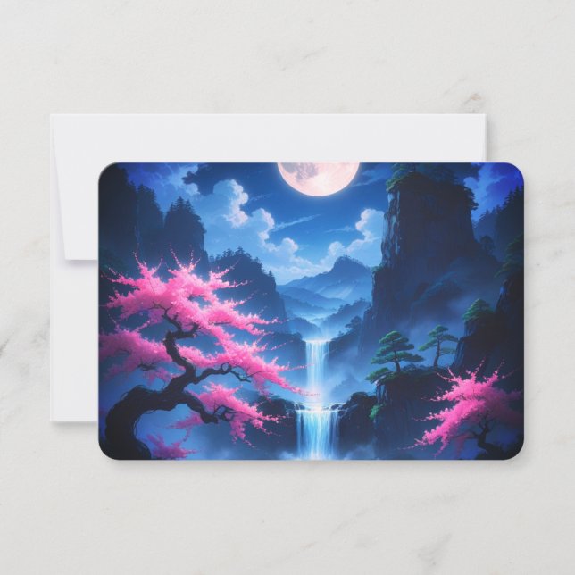 Carte de réponse RSVP japonaise Sakura et cascade  (Devant)