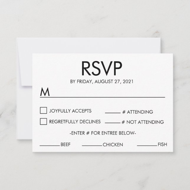 Carte de réponse RSVP mariage nom moderne blanche (Devant)