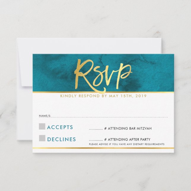 CARTE DE RÉPONSE RSVP moderne bleu sarcelle or scr (Devant)