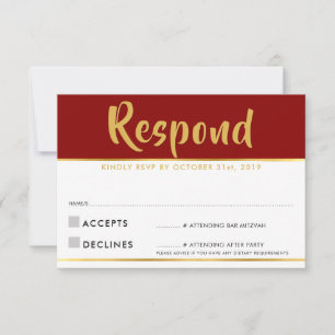 Carte de réponse RSVP moderne rouge burgundy or