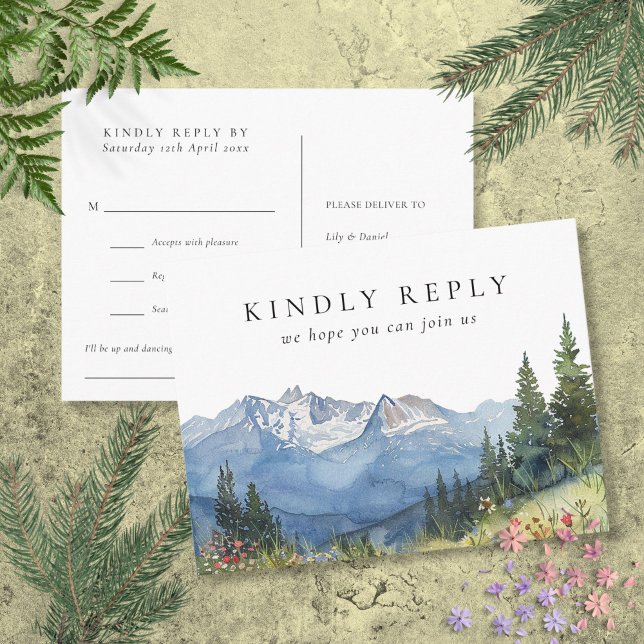 Carte de réponse RSVP Montagne Aquarelle avec dema (Watercolor Mountain Song Request RSVP Postcard)