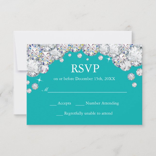 Carte de réponse RSVP Paillettes Diamant Turquoise (Devant)