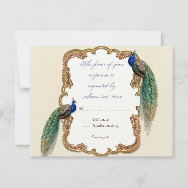 Carte de réponse RSVP Peacock & Calligraphie d'or (Devant)