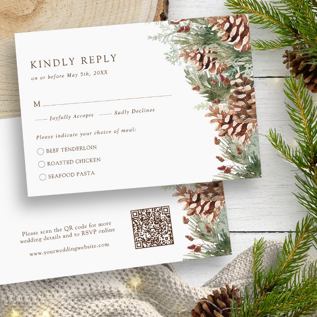 Carte de réponse RSVP Pine Winter (White Watercolor Evergreen Pine Winter RSVP Card QR Code by Painted Paperie
)