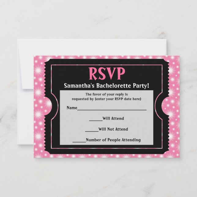 Carte de réponse RSVP pour billet de partie rose/n (Devant)