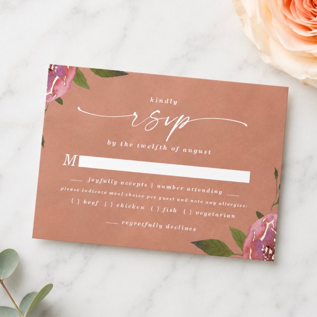 Carte de réponse RSVP pour le choix de repas Chic  (Elegant dusty peach floral meal choice rsvp cards)