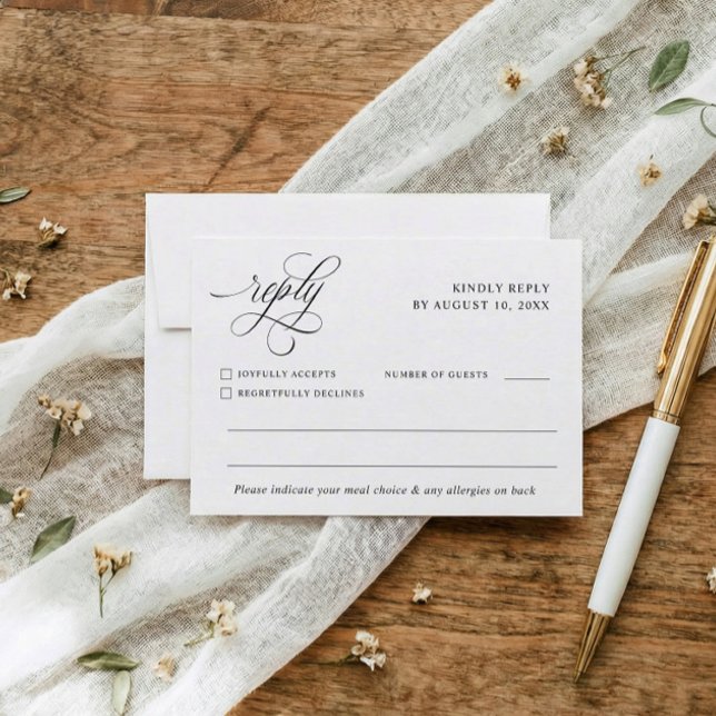 Carte de réponse RSVP pour le choix de repas de ma (Elegant black and white wedding RSVP card with meal choice and allergy information on back.)