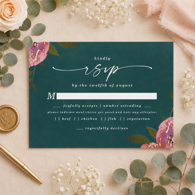 Carte de réponse RSVP pour le choix de repas en ve (Moody dark teal floral meal choice rsvp cards)