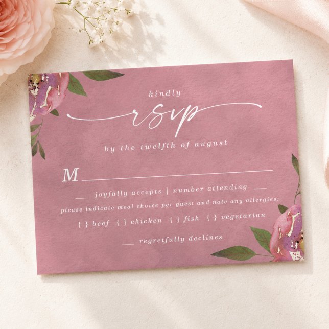 Carte de réponse RSVP pour le choix de repas Rose  (Elegant wild rose pink floral meal choice rsvp cards)