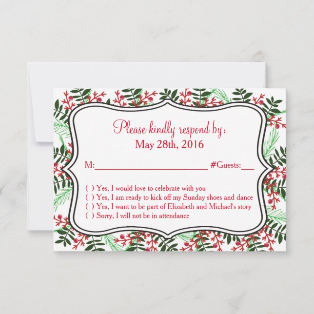 Carte de réponse RSVP pour mariage de Noël ou des  (Devant)