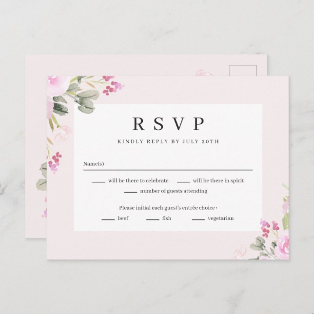 Carte de réponse RSVP pour mariage floral au jardi (Devant / Derrière)