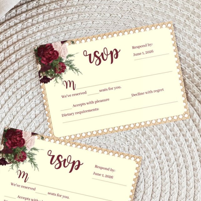 Carte de réponse RSVP pour mariage floral rustique (Burgundy and Ivory RSVP card)