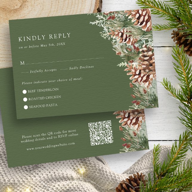 Carte de réponse RSVP pour un hiver vert (Hunter Green Watercolor Evergreen Pinecones Winter RSVP Card by Painted Paperie
)