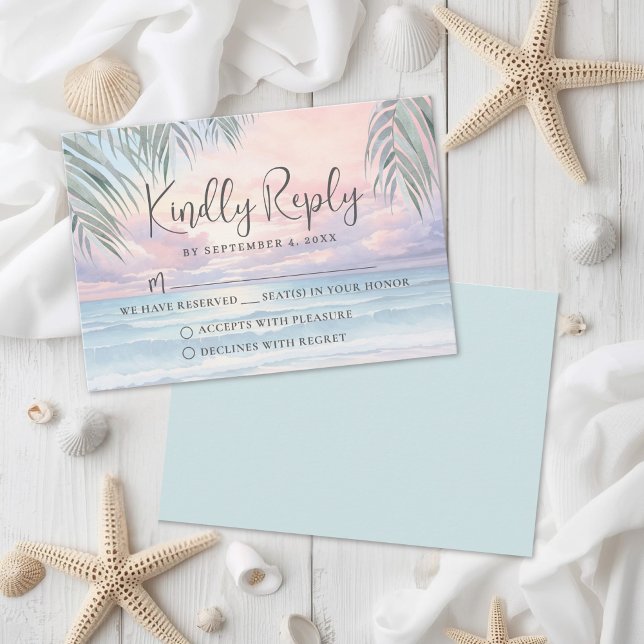 Carte de réponse RSVP pour un mariage sur la plage (Watercolor Beach Wedding RSVP Reply Card)