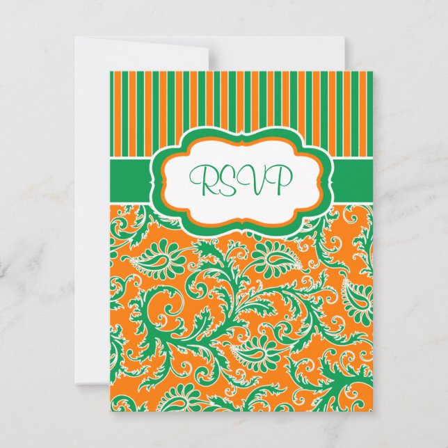 Carte de réponse RSVP rayée florale orange, verte  (Devant)