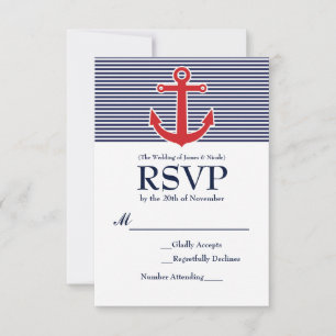 Carte de réponse RSVP rayée nautique d'ancre rouge