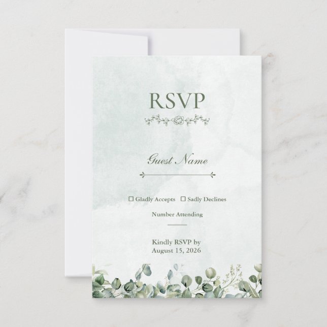 Carte de réponse RSVP Rose Blanche & Vert Sauge (Devant)