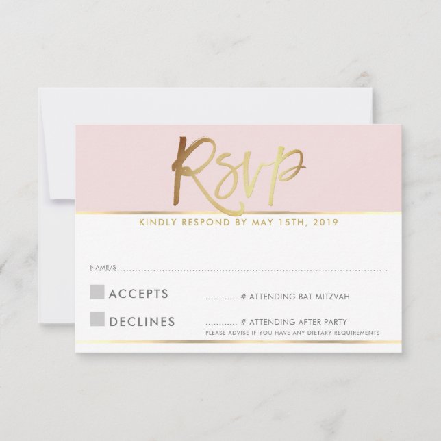 CARTE DE RÉPONSE RSVP rose blush pâle écriture dor (Devant)