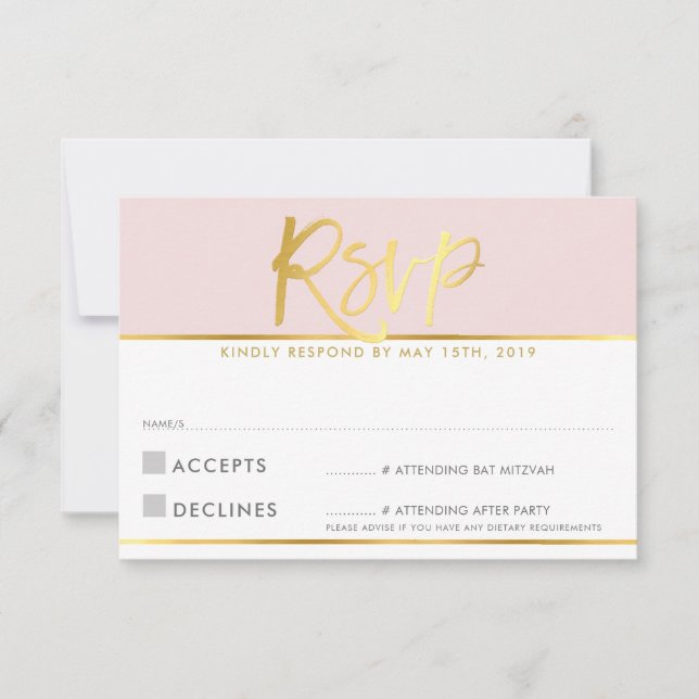 CARTE DE RÉPONSE RSVP rose pâle écriture dorée (Devant)