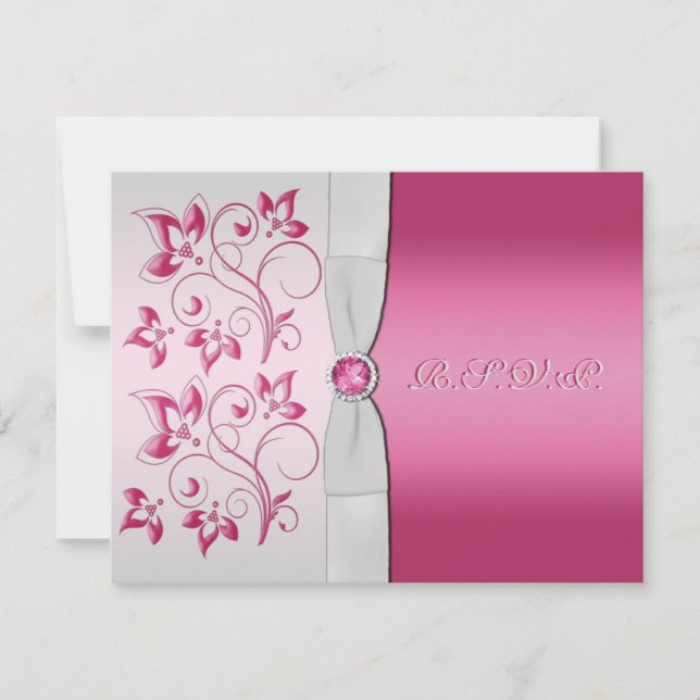 Carte de réponse RSVP ruban imprimé floral argent  (Devant)