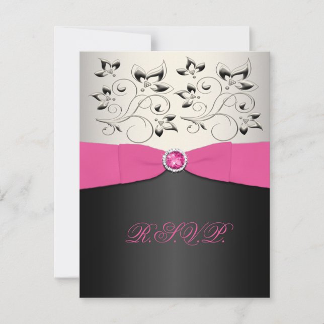 Carte de réponse RSVP ruban imprimé rose, noir et  (Devant)