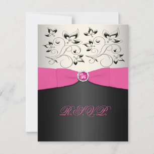 Carte de réponse RSVP ruban imprimé rose, noir et