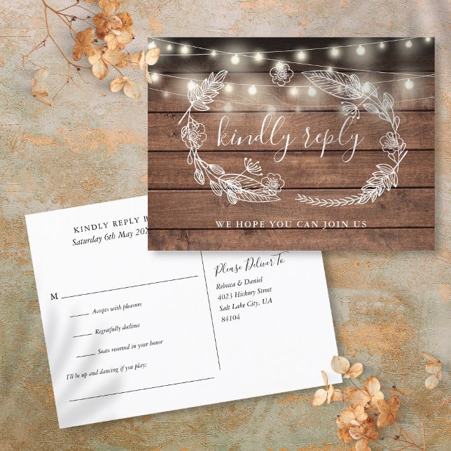 Carte de réponse RSVP Rustique en Bois avec demand (Rustic Wood Floral Song Request RSVP Card)