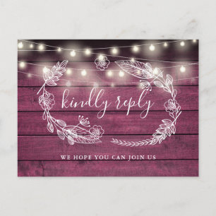 Carte de réponse RSVP Rustique en Bois Rouge Fleur