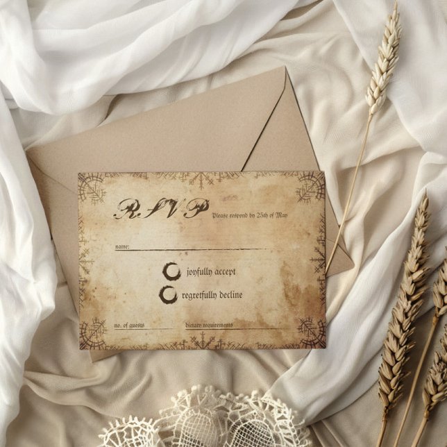 Carte de réponse RSVP Saga Viking Norse (viking rsvp card on a silky cream coloured fabric and light brown craft paper envelope)
