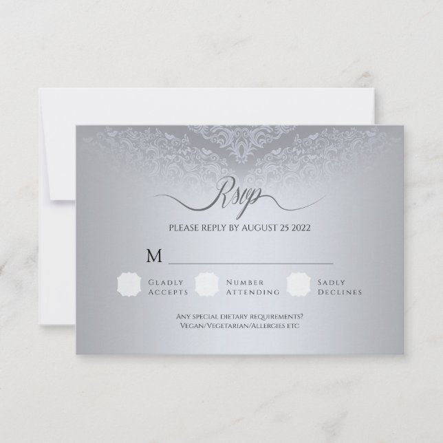 Carte de réponse RSVP Silver Mariage damassé (Devant)