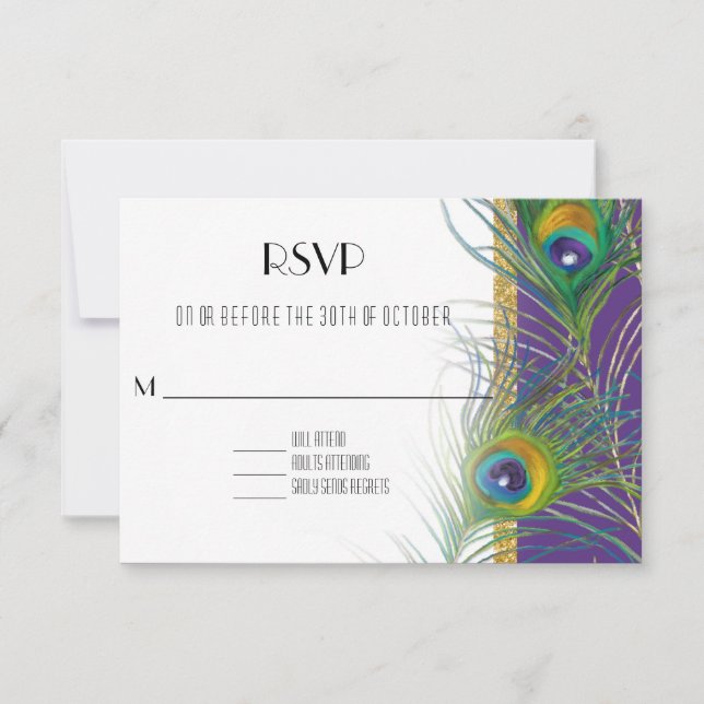 Carte de réponse RSVP violet Plumes Peacock Or (Devant)