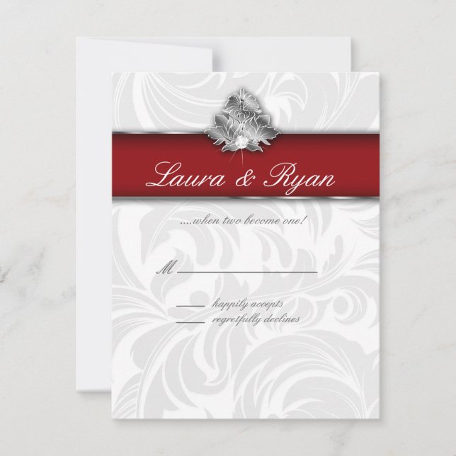 Carte de réponse RSVP Xmas Leaf Elegant Red Silver (Devant)