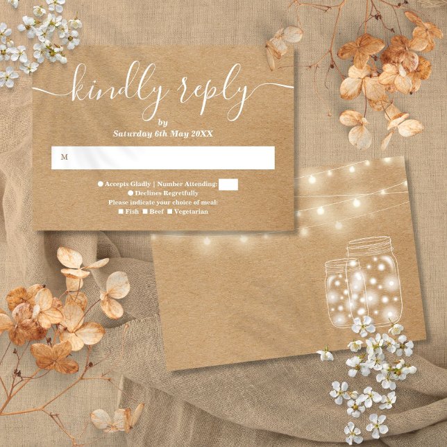 Carte de réponse Rustic Kraft avec guirlandes et p (Rustic Kraft String Lights Mason Jars RSVP Card)