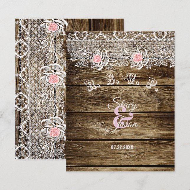 Carte de réponse Rustique Grange Bois & Dentelle (Devant / Derrière)