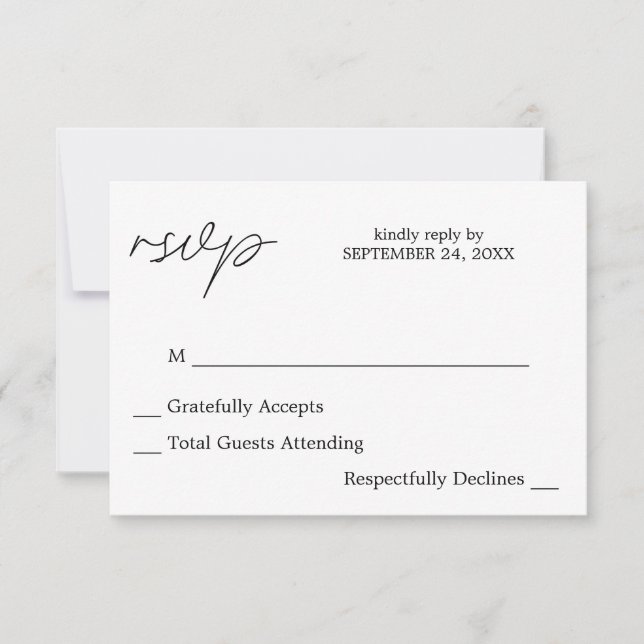 Carte de réponse sans repas Calligraphie Noir & Bl (Devant)