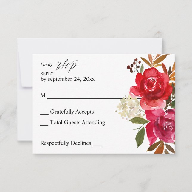 Carte de réponse sans repas Fleur rose rouge et ro (Devant)
