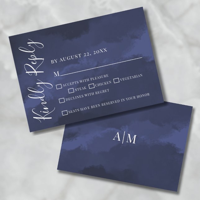 Carte de réponse simple bleu marine pour mariage (Elegant Watercolor Navy Blue Wedding RSVP Card)