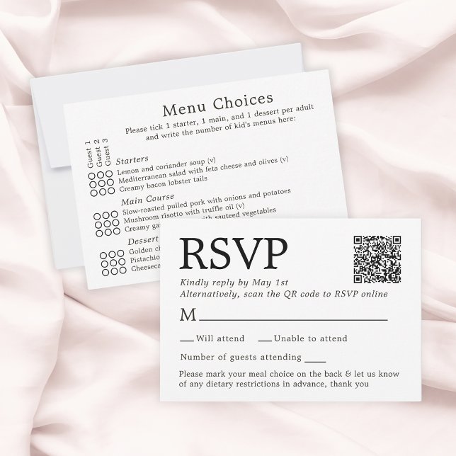 Carte de réponse simple élégante blanche avec choi (Simple Elegant White RSVP Card With Menu Choices
)