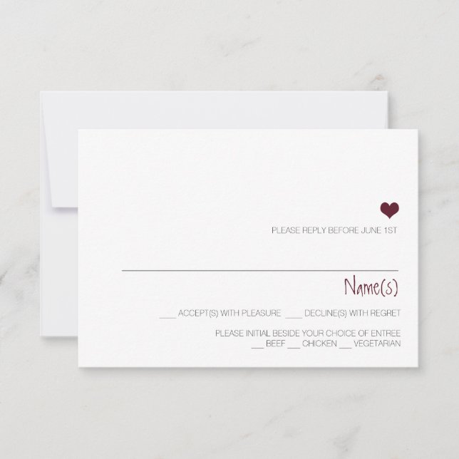 Carte de réponse simple mariage cardiaque Marsala (Devant)