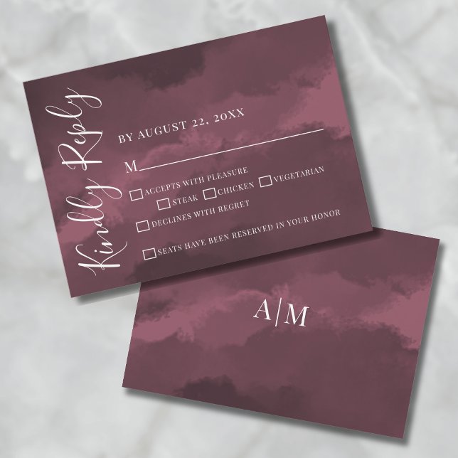 Carte de réponse simple pour un mariage en Bourgog (Chic Elegant Watercolor Burgundy Wedding RSVP Card)