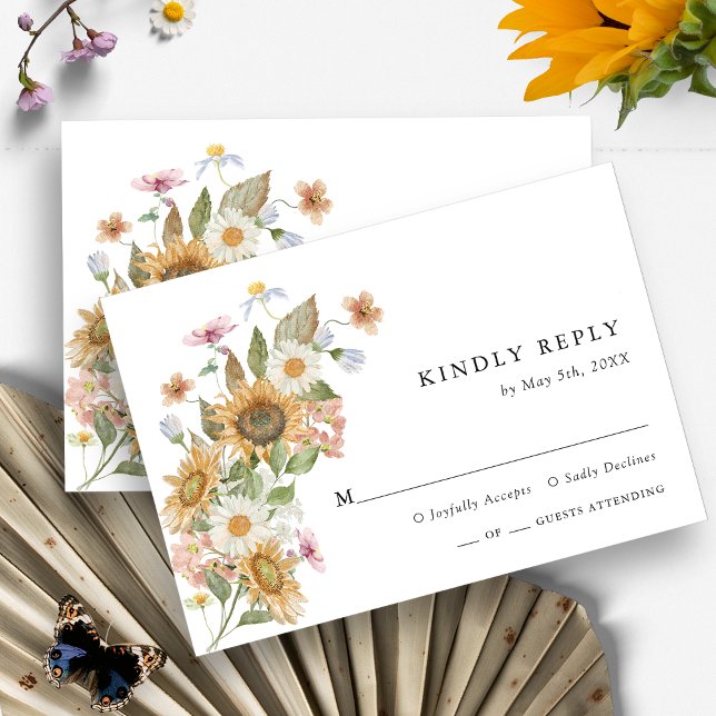 Carte de réponse tournesol (Elegant Wildflower Sunflower Watercolor Floral RSVP Card by Painted Paperie
)