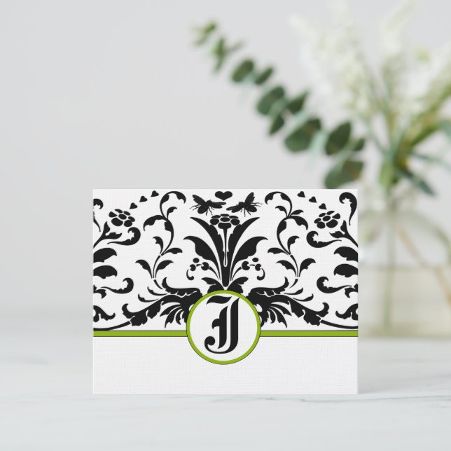 Carte de réponse victorienne florale noir et blanc (Debout devant)