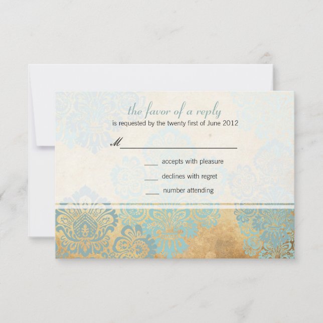 Carte de réponse vintage Aqua Mariage damassé (Devant)